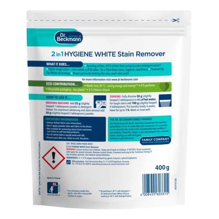 Plekieemalduspulber valgele pesule Hygiene White 2in1 Dr.Beckmann - Image 2